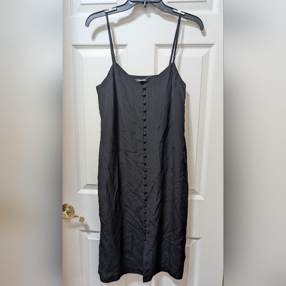 Madewell Black Midi Slip Dress with Front Covered Buttons